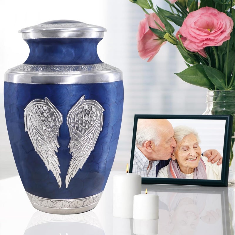 M MEILINXU Urns for Human Ashes Adult Man & Women, Cremation Urn for Ashes Adult Male & Female, Burial Urn, Decorative Urns for Funeral, Silver Engraved Angel Wings, Dark Blue and Silvery - Large - Image 4